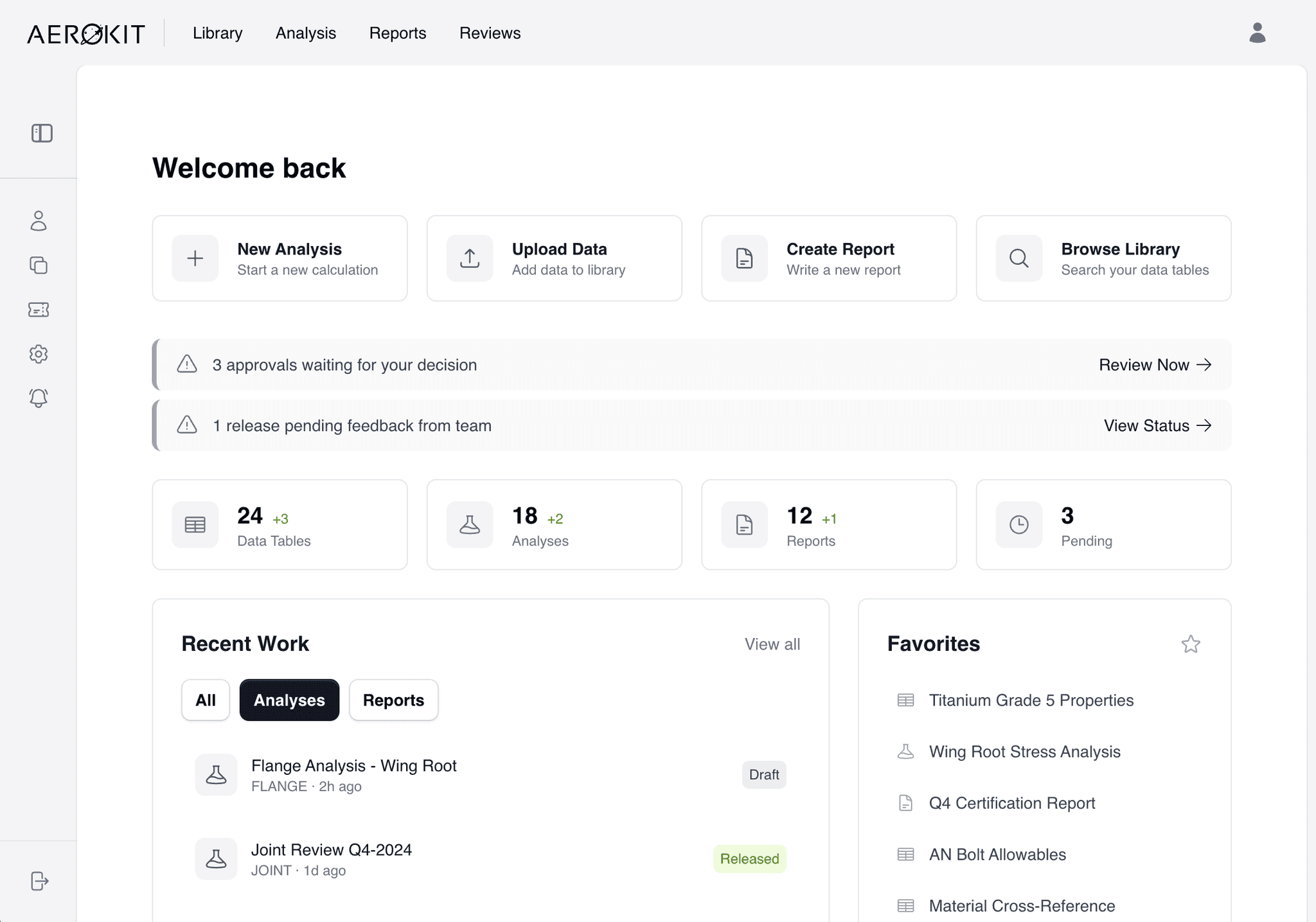Aerokit dashboard showing engineering library, version control, and report generation features